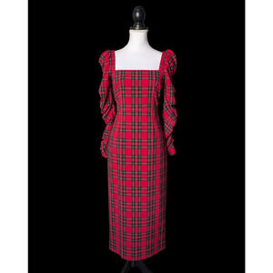 Antonio Melani Elena Plaid Red Tartan Square Neck Midi Dress New Size 2 $199
